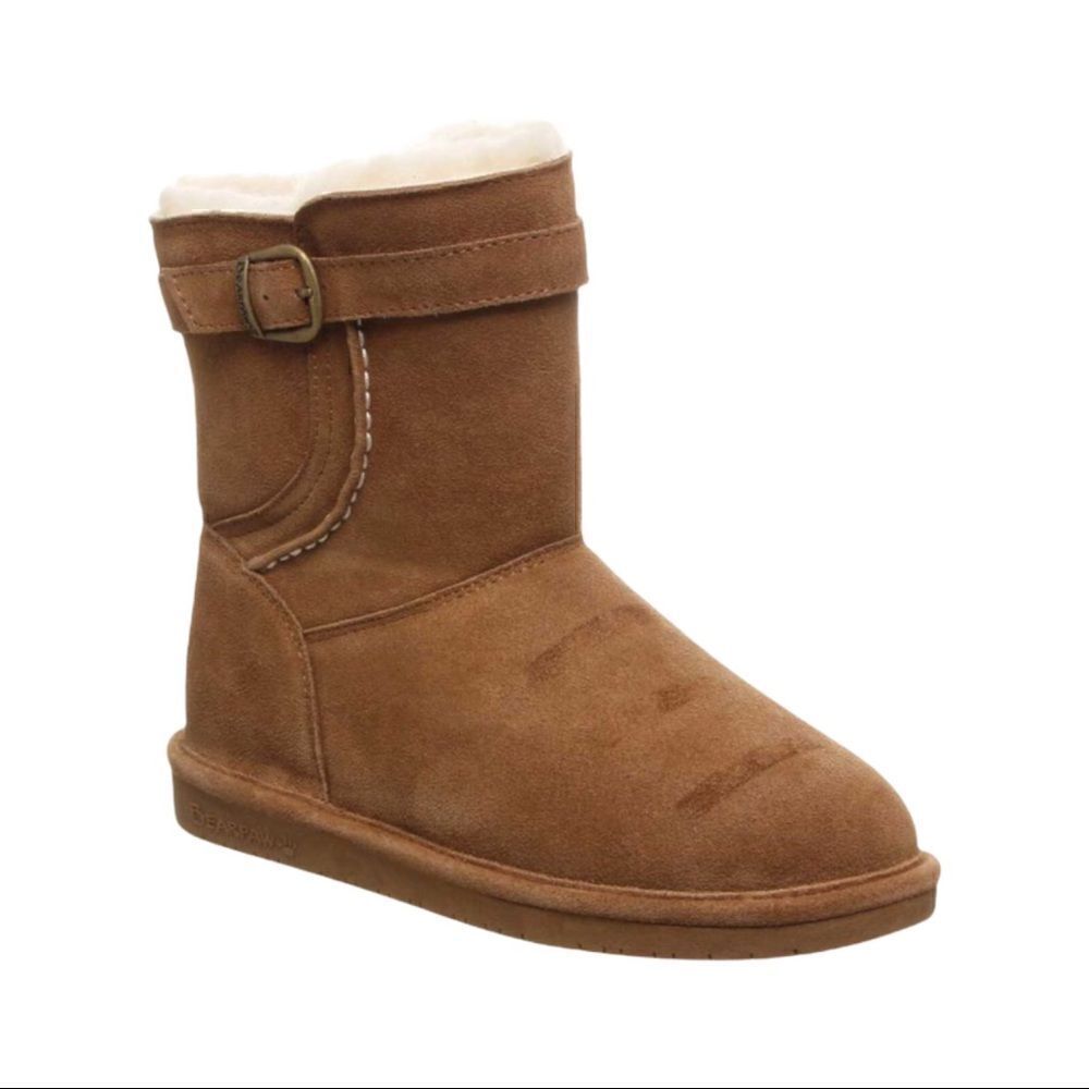 New! Bearpaw Wool Short Tan Buckle Winter Snow Boots